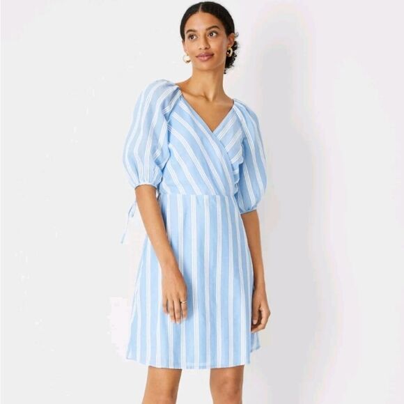 Ann Taylor Striped Puff Sleeve Wrap Dress Size 8 Cottagecore Milkmaid Coastal - Picture 15 of 15